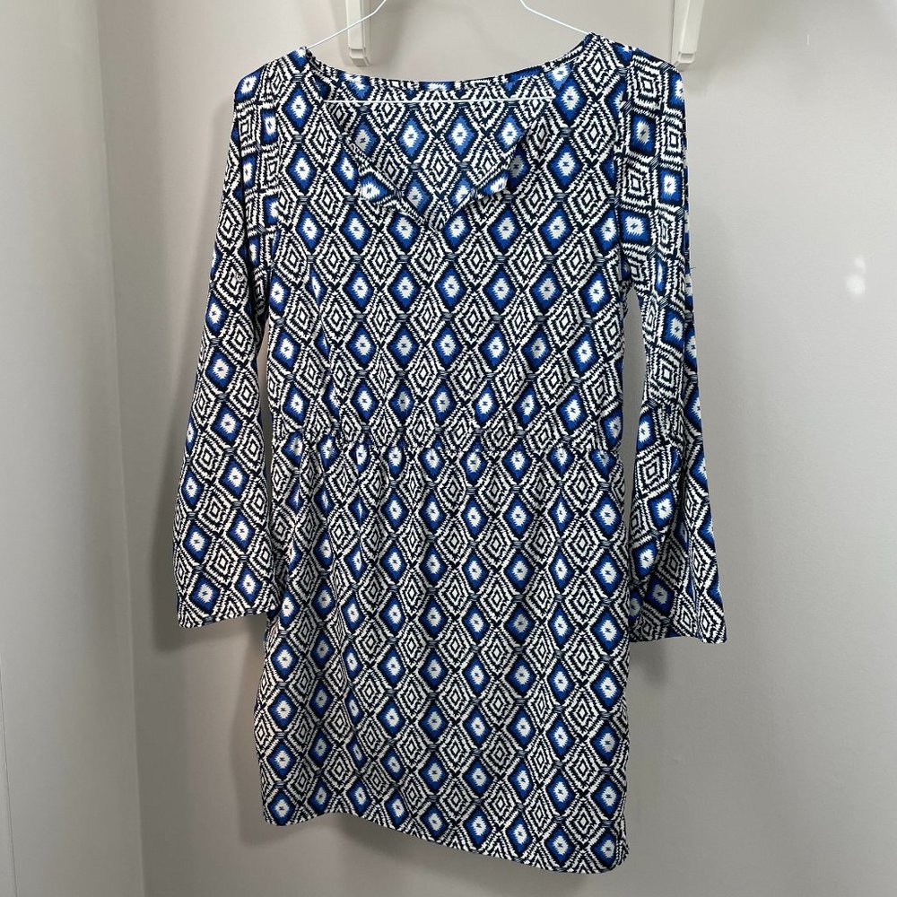 Blue and white, ikat dress, Womens size medium, brand: Caramela; Ready to Ship